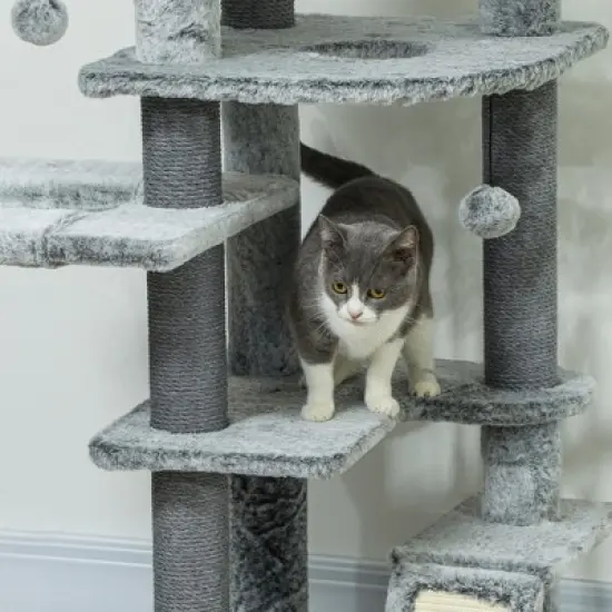 PawHut Floor to Ceiling Cat Tree, 89"-100" Adjustable Height Cat Climbing Tower Activity Center for Indoor Cats with Cat Perch, Condo & Hammocks, Gray image {5}