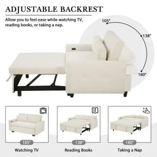 Okak Modern Pull-out Sofa Bed 57.48" Convertible Loveseat Sleeper Couch Futon with 2 Throw Pillows & USB Ports for Living Room image {2}