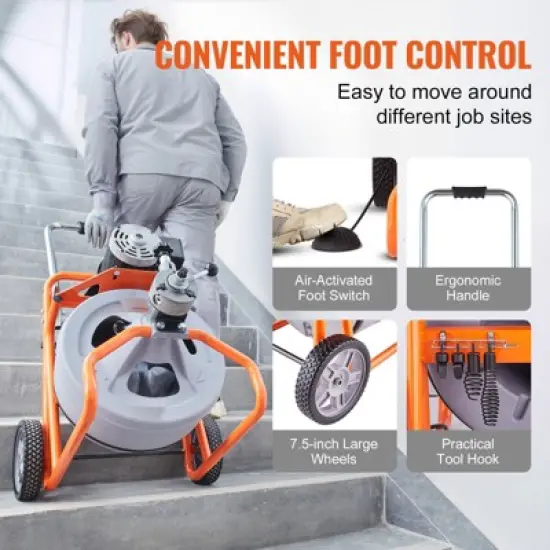 VEVOR Drain Cleaner Machine 75FT x 1/2 Inch, Auto Feed Sewer Snake Drain Auger on Wheels, Portable Drain Cleaning Machine, Gray image {6}