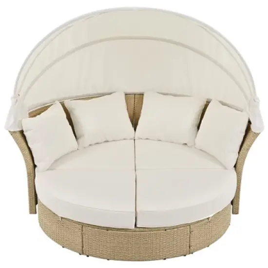 Outdoor Patio Rattan Daybed, Round Wicker Double Daybed Sofa with Retractable Canopy and 4 Pillows 4M -ModernLuxe image {9}