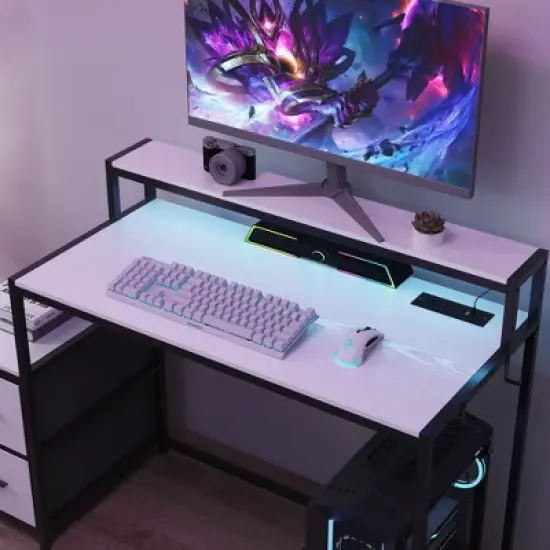 Famapy LED Gaming Desk Computer Desk with Metal Frame, Built - in Power Outlet, Drawers, and Elevated Dual - Layer Desktop image {8}