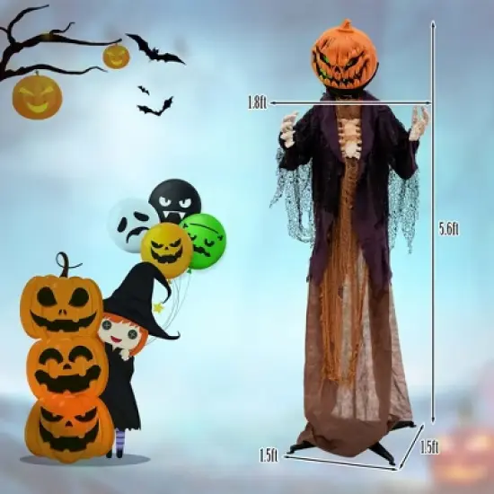 Costway 5.6 FT Halloween Animated Standing Pumpkin Scarecrow with Weird Phrases & LED Eyes image {8}