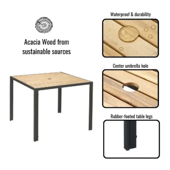 FIONECA All-Weather 5-Piece Patio Dining Set with Acacia Wood Table Top & Umbrella Hole, Coffee Brown Rattan Outdoor Conversation Set image {8}