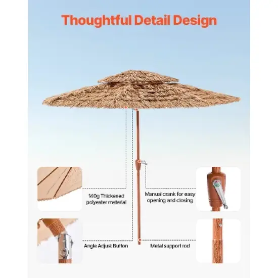 VEVOR Tiki Umbrella, 9 ft Thatched Patio Umbrella with Tilt, 2-Tier Hawaiian Style Beach Parasol with PP Thatch and 8 Metal Ribs, Original Color image {6}