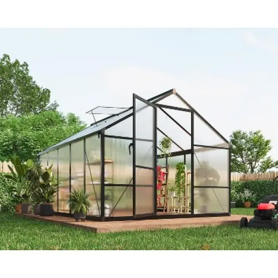 8x10 FT Aluminum Large Walk-in Green House Polycarbonate Greenhouse with Roof Vent Ground Nails Lockable Push Door image {9}