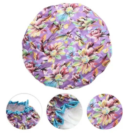 Unique Bargains Women Double Layer Flowers Shower Cap Purple 1 Pc image {2}