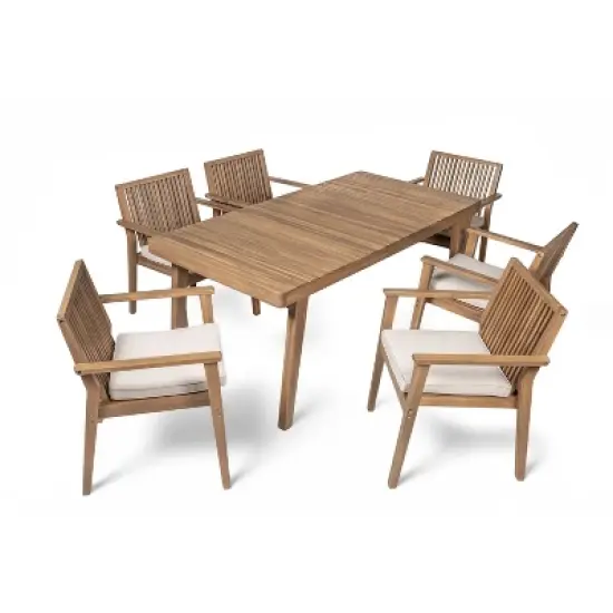 Christopher Knight Home Caitlyn Rustic 7 Piece Patio Acacia Wood Dining Set with Cushions image {4}