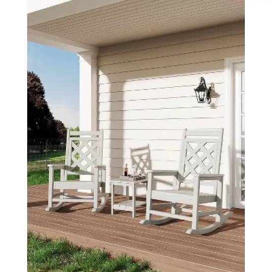 Outdoor Adirondack Rocking Chair, All Weather HDPE Fire Pit Chair with Wide Back, 380LB Weight Capacity Outdoor Lounger Rocking Fire Pit Chair White image {6}