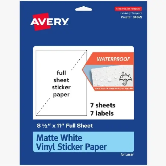 Avery Printable Vinyl Sticker Paper, 8-1/2" x 11", Matte White, Permanent Adhesive, Laser Printer Compatible, 7 Sheets Total image {9}