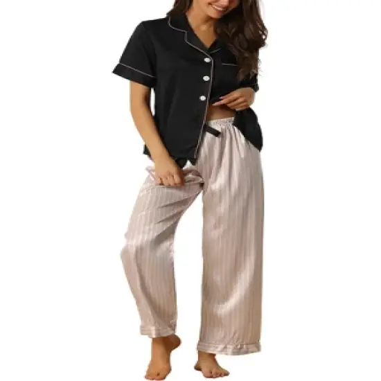 cheibear Womens Satin Summer Button Down Short Sleeve Tops with Pants Silky Lounge Pajama Sets image {6}