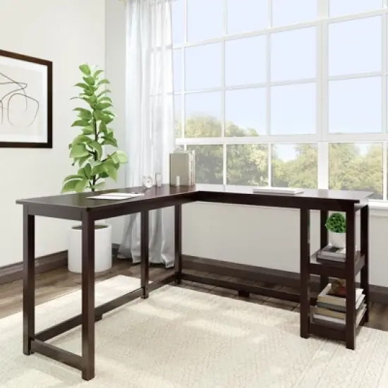 Plank+Beam Solid Wood Corner Desk for Home Office, Gaming, Computer with Storage Shelves image {9}