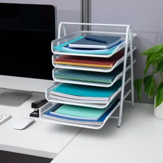 Mind Reader 5-Tier Paper Tray, Desktop Organizer, File Storage, Office, Metal Mesh, 11.75"L x 14"W x 14.5"H, White image {2}