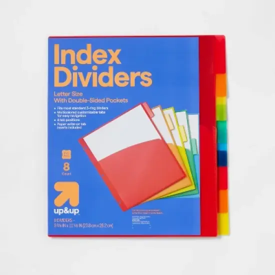 8ct Tabbed Plastic Index Dividers with Pockets - up&up&trade;: Multicolor 3 Hole Punched Binder Dividers image {3}