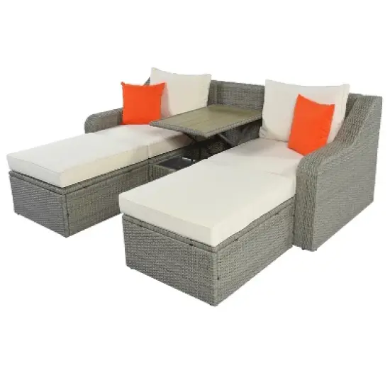 3-Piece Patio Wicker Sofa Set with Cushions, Pillows, Ottomans and Lift Top Coffee Table-ModernLuxe image {3}