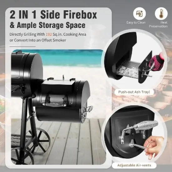 Captiva Designs Charcoal Grill with Offset Smoker - All-Metal Steel Construction, 512 sq. in. Cooking Area for Outdoor Cooking image {6}