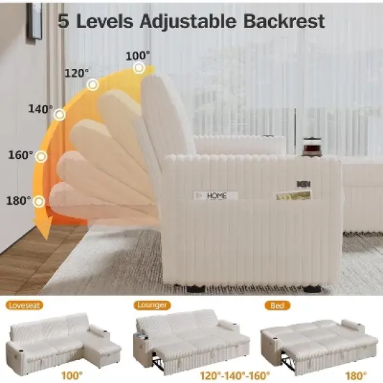 Vipbear 101" Sectional Sleeper Sofa Bed, Pull-Out Bed, Reclining Backrest, Reversible Storage Chaise, USB Ports & Cup Holders image {8}