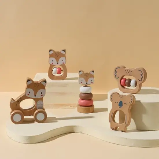 Freniland&trade; - Wooden Baby Rattle & Stacking Toy Set, Forest Friends 5 PCS Beechwood Infant Sensory Toys,Fox & Koala Grasping Combo in Pink for 10M+ image {2}