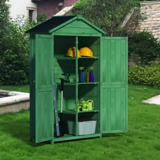 WELLFOR 35.7"x 18.1"x 66.15" Outdoor Wood Storage Shed Garden Tool Cabinet Green image {3}