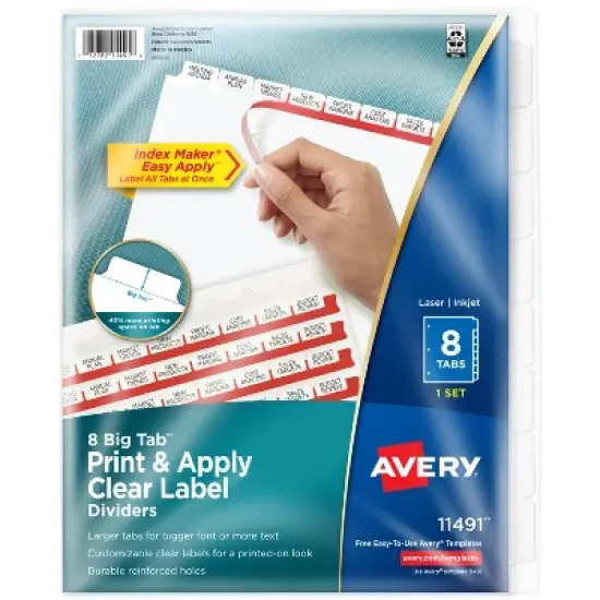 Avery 8 Big Tab Dividers for 3 Ring Binder, Easy Print & Apply Clear Label Strip, Index Maker Customizable White Tabs, 1 Set (11491) image {8}