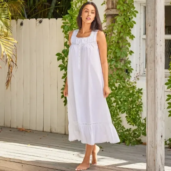 Women's Cotton Victorian Nightgown, Phoebe Sleeveless Lace Trimmed Button Up Long Vintage Night Dress Gown image {1}