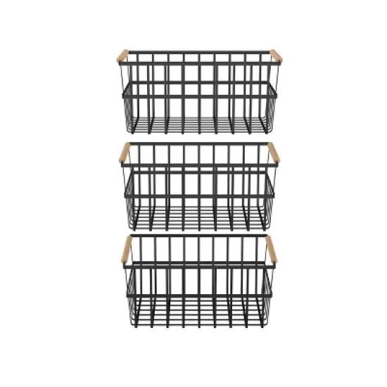 Oceanstar Metal Wire Organizer Bin Basket with Handles, Set of 3, Black image {1}