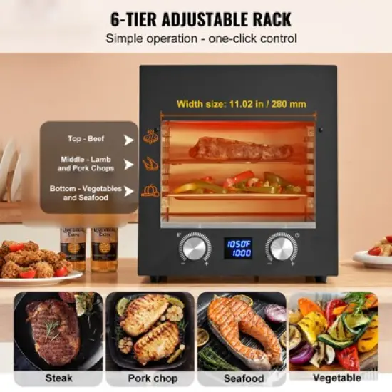 VEVOR Electric Steak Grill, 1800W Smokeless Infrared Electric Broiler, 1450&deg;F Stainless Steel Steak Cooker with 6-Tier Adjustable Rack, Black image {4}