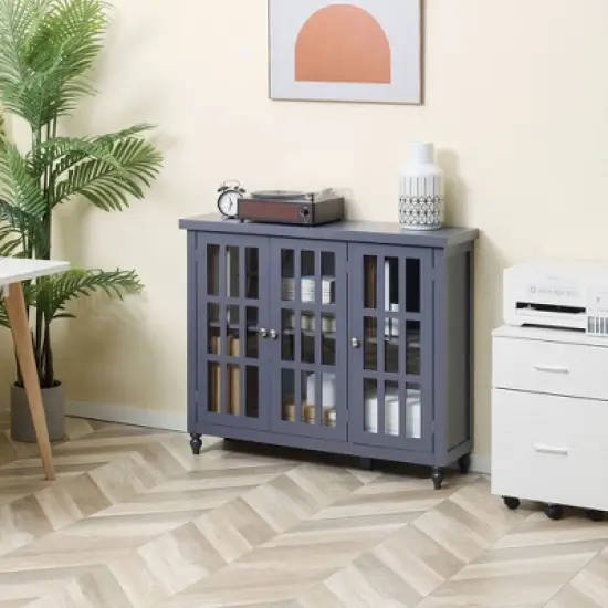HOMCOM Modern Kitchen Sideboard, Buffet Cabinet with Storage, Adjustable Shelves for Living Room, Study, 3 Glass Doors, Gray image {2}