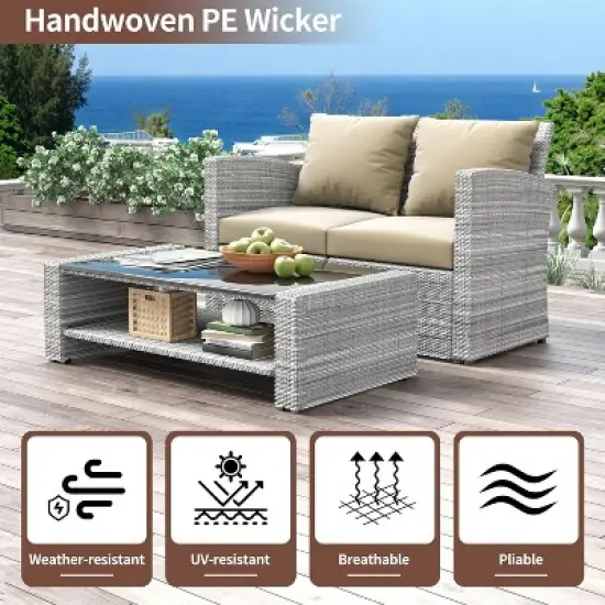 ELJGET 4 Piece Patio Furniture Set Outdoor Wicker Conversation Sets All Weather PE Rattan Sectional Sofa Set with Cushions & Coffee Table image {3}