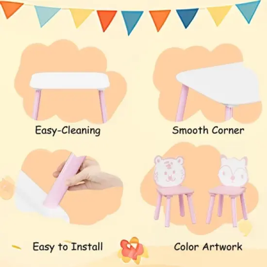 Yinvani 3-Piece Kids Table and Chair Set, Kids Activity Table for Drawing, Learning,Playroom or Nursery(Pink&White) image {4}