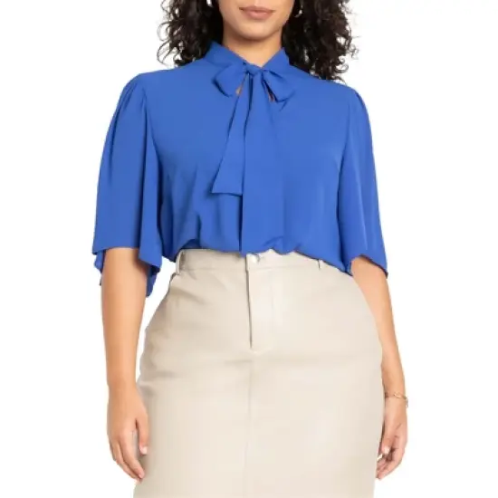 ELOQUII Women&rsquo;s Plus Size Flutter Sleeve Tie Neck Blouse image {1}