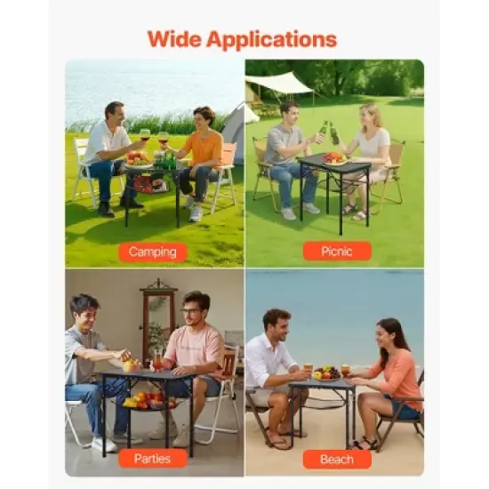 VEVOR Folding Camping Table, Adjustable Height Portable Side Tables, Aluminum MDF Beach Table with Mesh Layer, Carrying Handle, 24x16in, Black image {6}