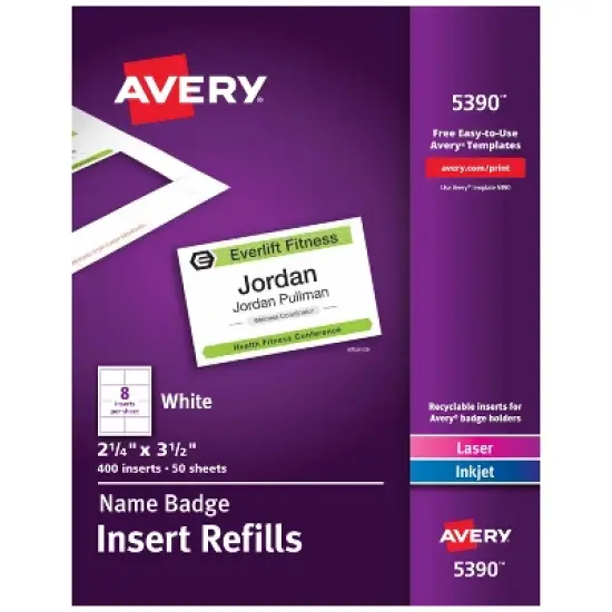 Avery Customizable Name Badge Inserts, 2.25" x 3.5", White, 400 Printable Name Tag Inserts (5390) image {7}