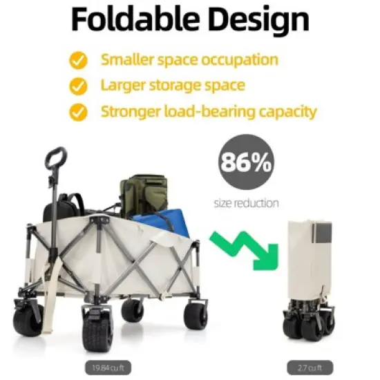 FATMOON Collapsible Utility Wagon Cart,with 6.8 All-Terrain Wheels & Adjustable Handle&ndash;390LB Capacity for Beach,Camping,Shopping,Outdoor,Off-White image {6}