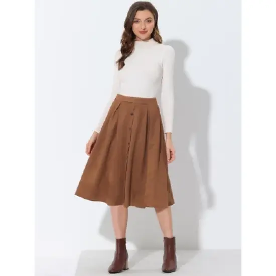 Allegra K Women's Faux Suede Button Front High Waist Pleated Midi Skater Skirt image {2}