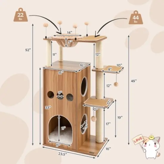 Costway 52'' Modern Cat Tree Tower Multi-level Cat Play Center w/Deluxe Hammock Natural image {2}