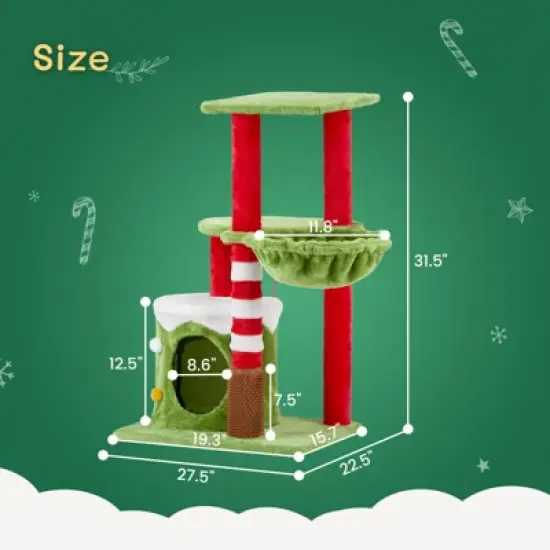 phiestina 32in Cat Scratching Posts Tower, Christmas Themed Plush Cat Tree with Hammock, Cat Massage Brush, Activity Center for Indoor Cats image {6}
