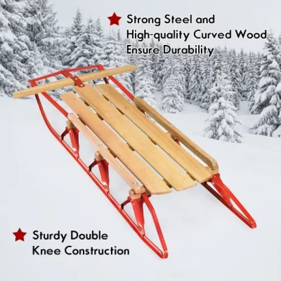 Costway 54''Kids Wooden Snow Sled Runners Steering Bar Steering Snow Slider image {5}