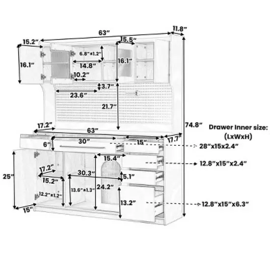 63'' Freestanding Kitchen Storage Cabinet Sideboard with Hutch, MDF Pantry Cabinet with Drawers and Adjustable Shelves, Power - The Pop Home image {3}