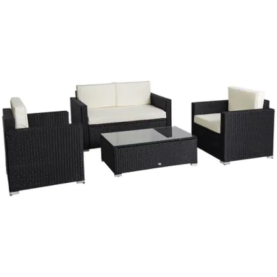 Outsunny 4-Piece Rattan Wicker Furniture Set, Outdoor Cushioned Conversation Furniture with 2 Chairs, Loveseat, and Glass Coffee Table image {7}