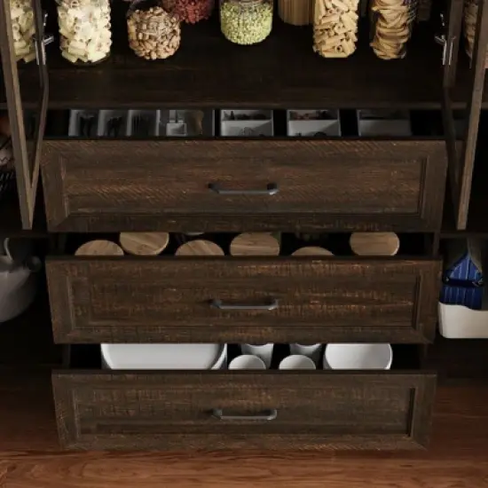 Famapy Glass-Door Kitchen Pantry Cabinet,Kitchen Organizer with 3 Drawers & 13 Shelves,Kitchen Storage Hutch for Organizing Dry Goods,Kitchenware image {2}