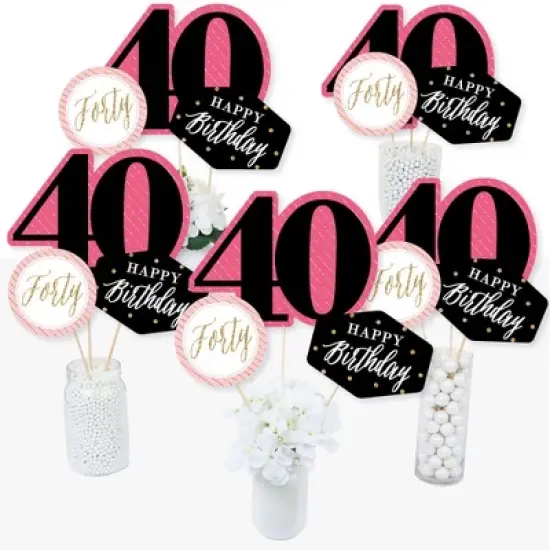 Big Dot of Happiness Chic 40th Birthday - Pink, Black and Gold - Birthday Party Centerpiece Sticks - Table Toppers - Set of 15 image {1}