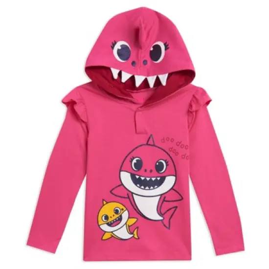 Pinkfong Mommy Shark Baby Shark Girls French Terry Pullover Hoodie Poly Hair & Felt Teeth Fin on hat Costume and Leggings Outfit Set Little Kid image {1}