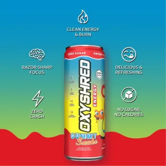EHPlabs OxyShred Energy Drink - Zero Sugar, Zero Calories, with Amino Acids, Vitamin C, Green Tea Extract & Clean Caffeine - Gummy Snake (12-Pack) image {2}