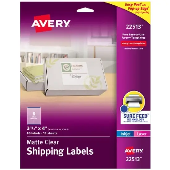 Avery Shipping Labels with Sure Feed, 3-1/3" x 4", Matte Clear Labels, Easy Peel, Permanent, Laser/Inkjet, 60 Printable Labels (22513) image {8}
