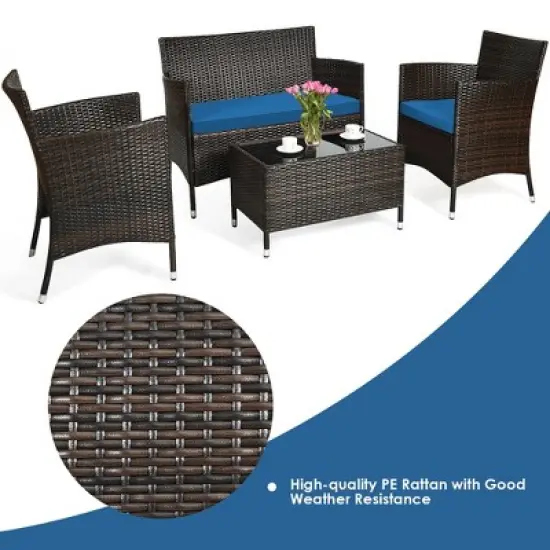 Tangkula 4PCS Patio Rattan Conversation Furniture Set Outdoor w/ Peacock Blue Cushion image {4}