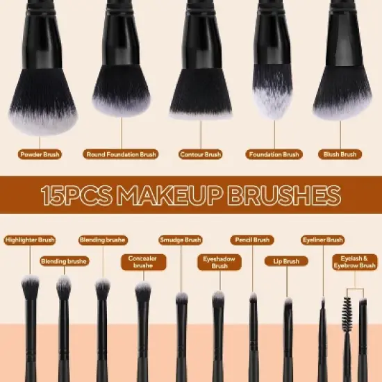 BABYYER Black Makeup Brushes Set,15 Pcs Professional Premium Synthetic Foundation Contour Powder Concealers Eye Shadows Blush Makeup Brush Set image {1}