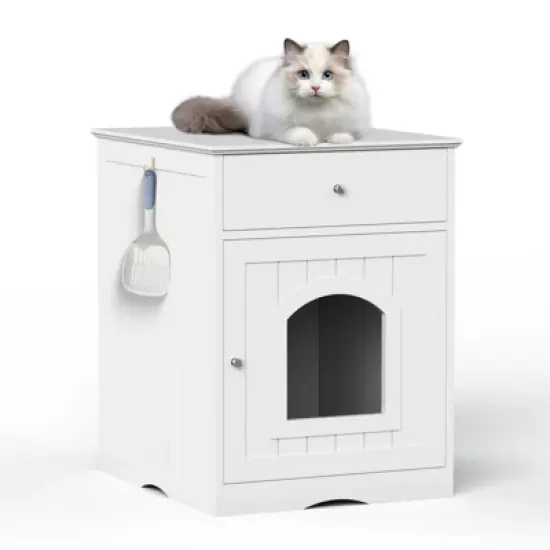 DSVIMOY Wooden Pet House, Cat Litter Box Enclosure with Drawer, Side Table, Indoor Pet Crate, Cat Home Nightstand, White, 18.9"*20.9"*25" image {4}