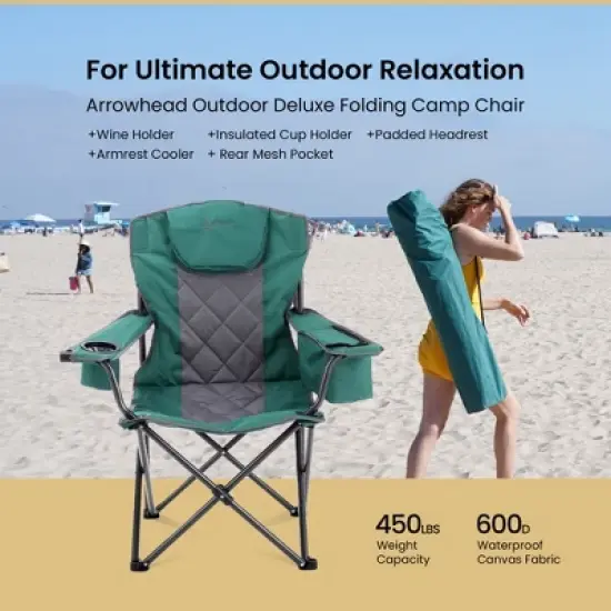 Arrowhead Outdoor Portable Folding Camping Quad Chair w/ 6-Can Cooler, Heavy-Duty Carrying Bag, Supports up to 450lbs (Forest Green) image {1}