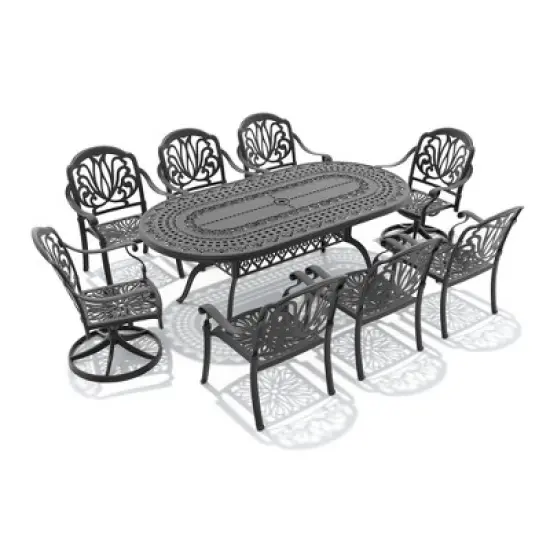9-Piece Oval Cast Aluminum Outdoor Patio Dining Set with Swivel Chairs & Brown Cushions & Umbrella Hole image {4}