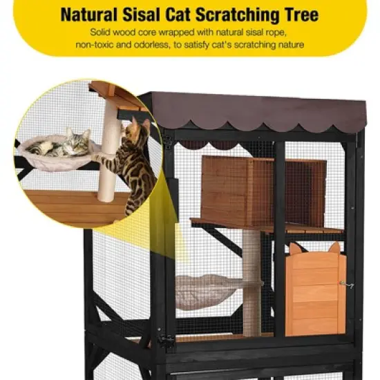 Aivituvin Wooden Cat Catio with Wheels| Scratching Post|Roof Tarp-AIR7014 image {5}